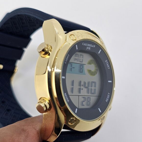 43MM Caribbean Joe Men's Digital Watch Alarm Chrono Gold Case Blue Plastic Bands - Picture 7 of 15
